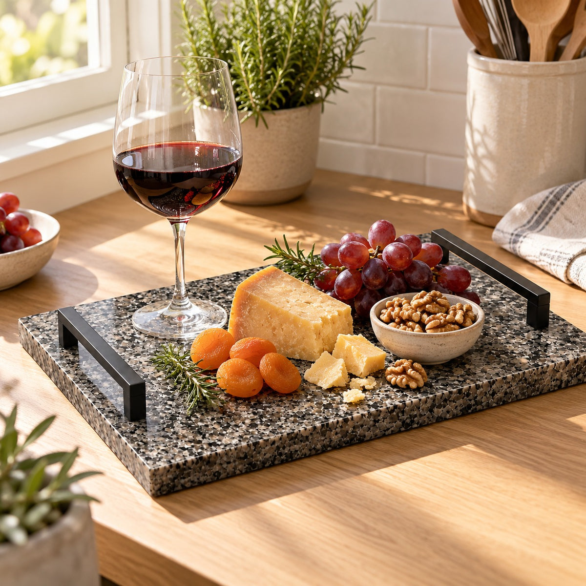 Azul Platino Granite Serving Tray with Black Handles, 18x12 in