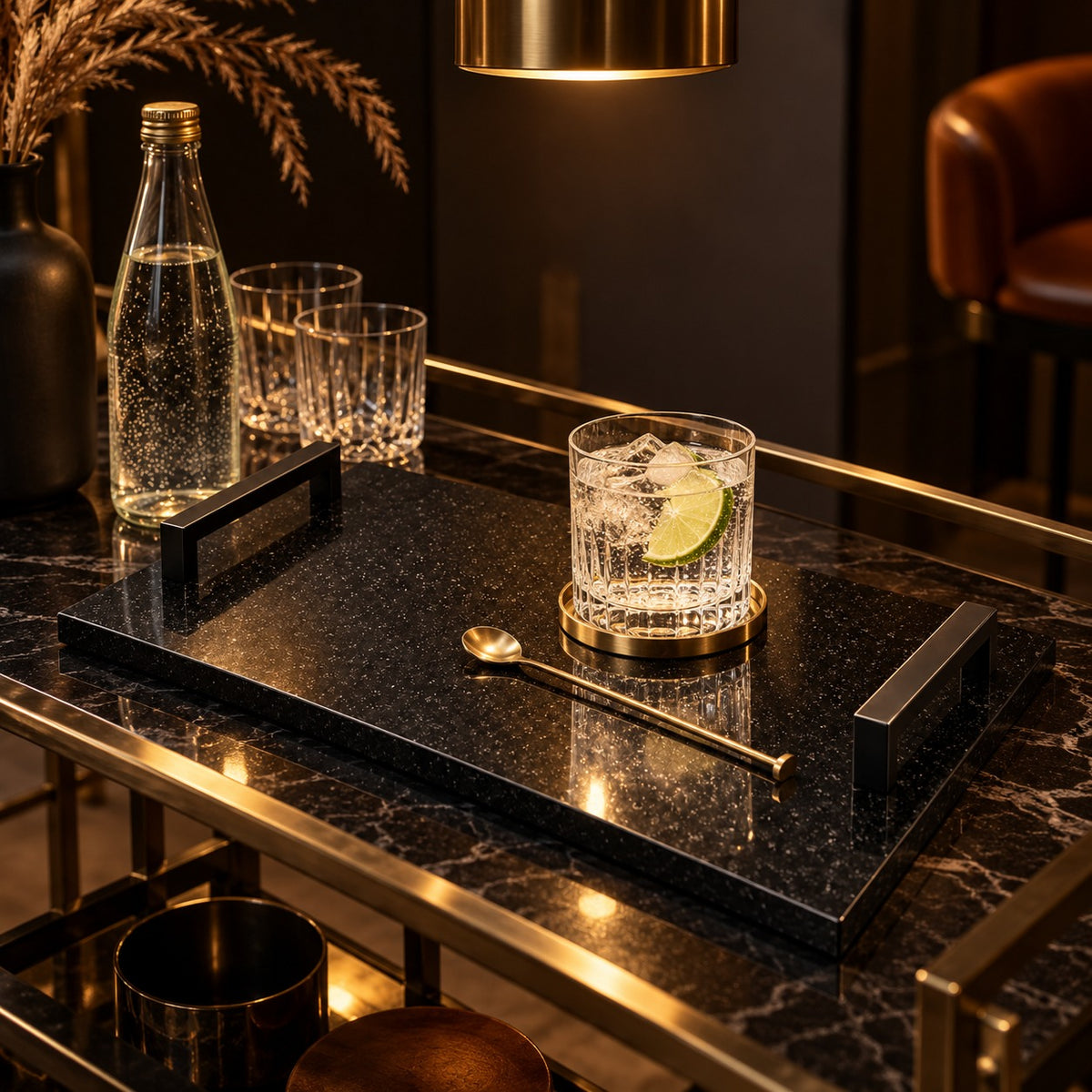 Absolute Black Granite Serving Tray with Black Handles, 18x14 in