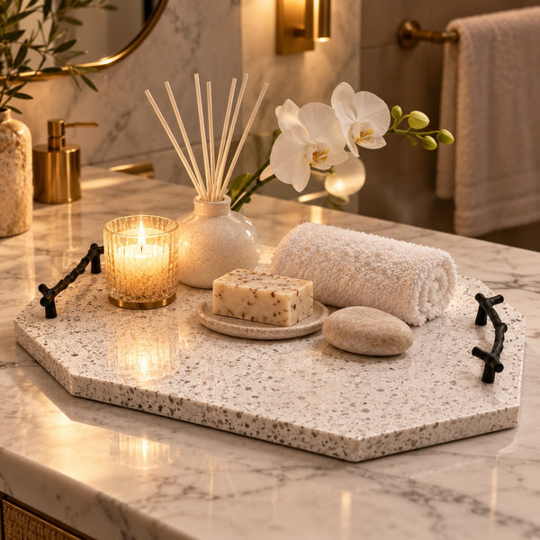 White Marble MB — Stone · Black branch handles · 18 × 14 in