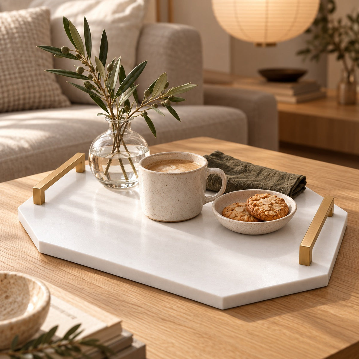 Pure White Marble Serving Tray with Gold Handles, 18x14 in