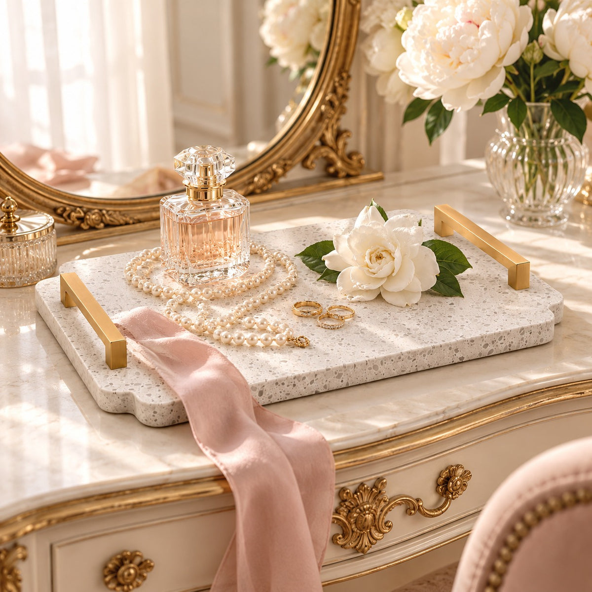 White Marble Gold Serving Tray with Gold Handles, 18x12 in