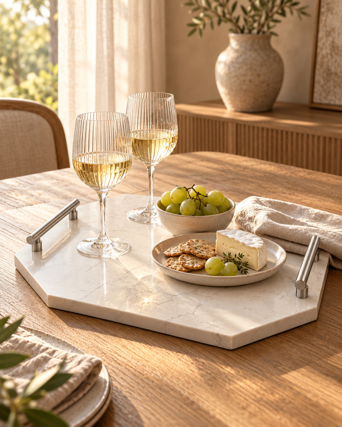 Octagonal Miragio stone tray with nickel handles, wine glasses, cheese and grapes in ceramic dishes.