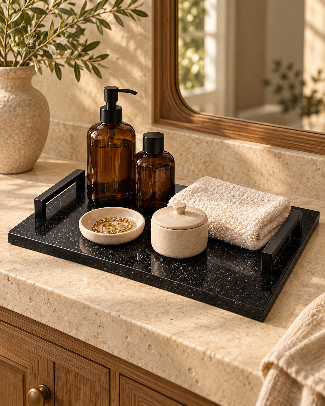 Absolute Black rectangular granite tray with black bar handles, amber bottles, towel and ceramic accessories on a bathroom vanity.
