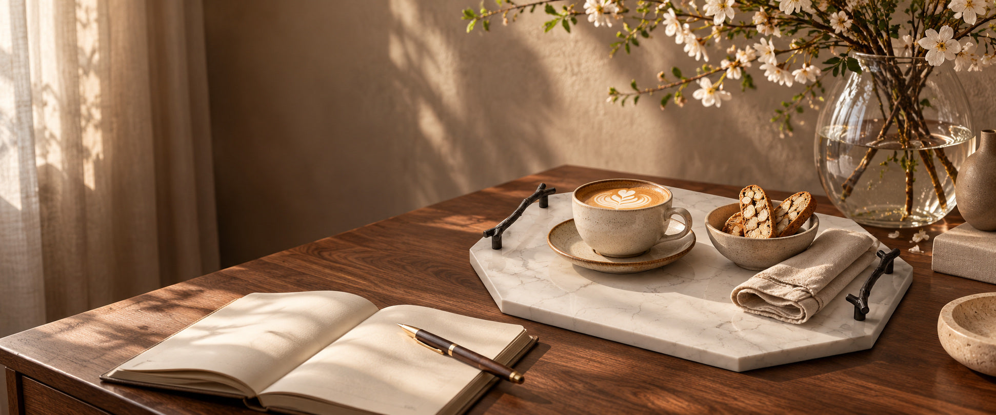 A quiet writing corner with a stone tray, coffee, notebook and flowers.