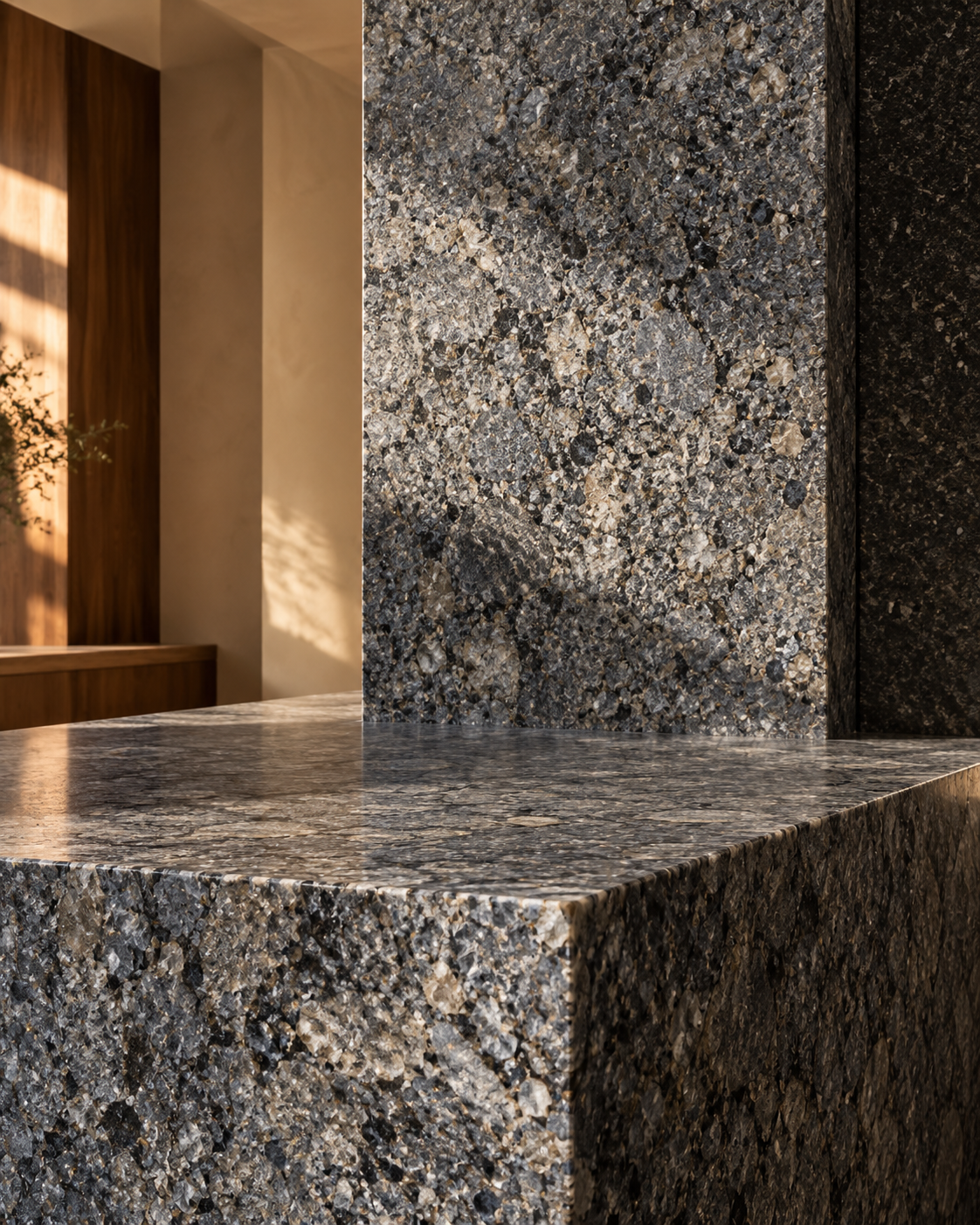 Crystalline grey granite with natural mineral grains in a warm architectural interior.