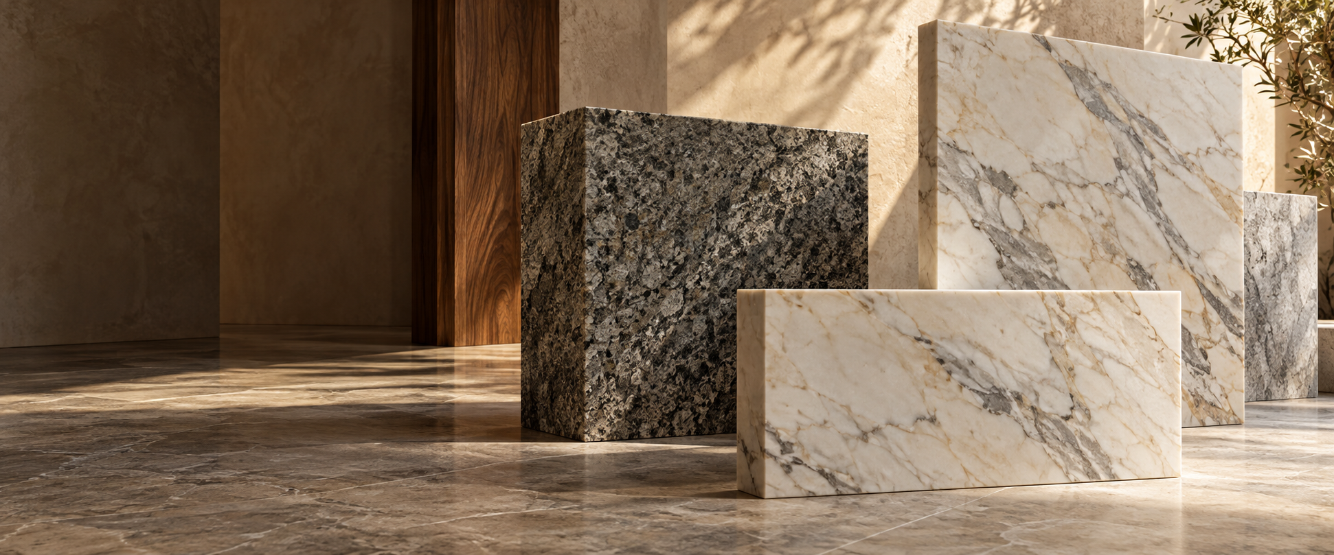 Marble and granite slabs in a warm architectural composition.
