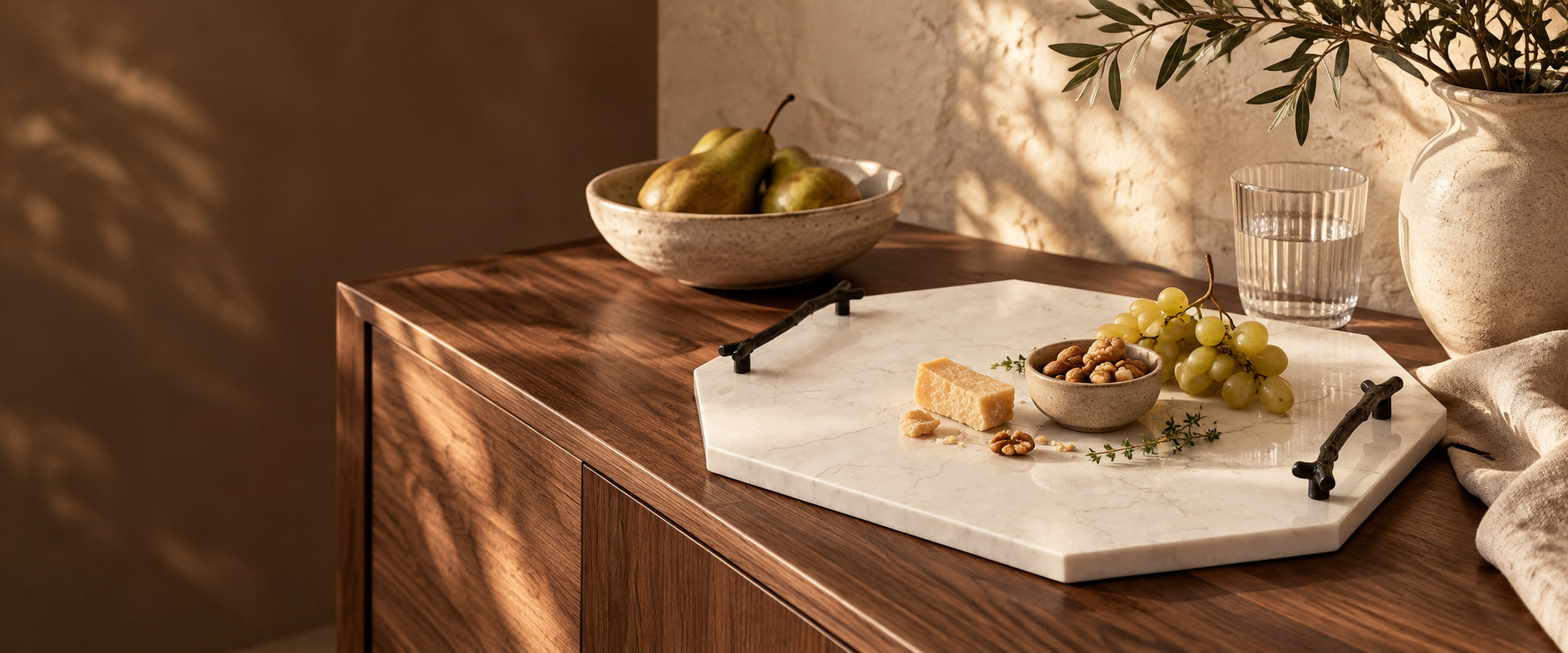Stone tray styled in a warm, considered home.